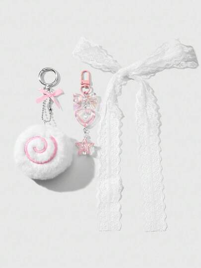 Kawaii 3pcs Cute Fluffy Pink Plush Donut, Swirl, Resin Acrylic Butterfly, Heart, Star + 80cm White Lace Headband Combo Set, Keychain Bag Charm, Suitable For Women/Girls Daily Wear, Holiday Gift