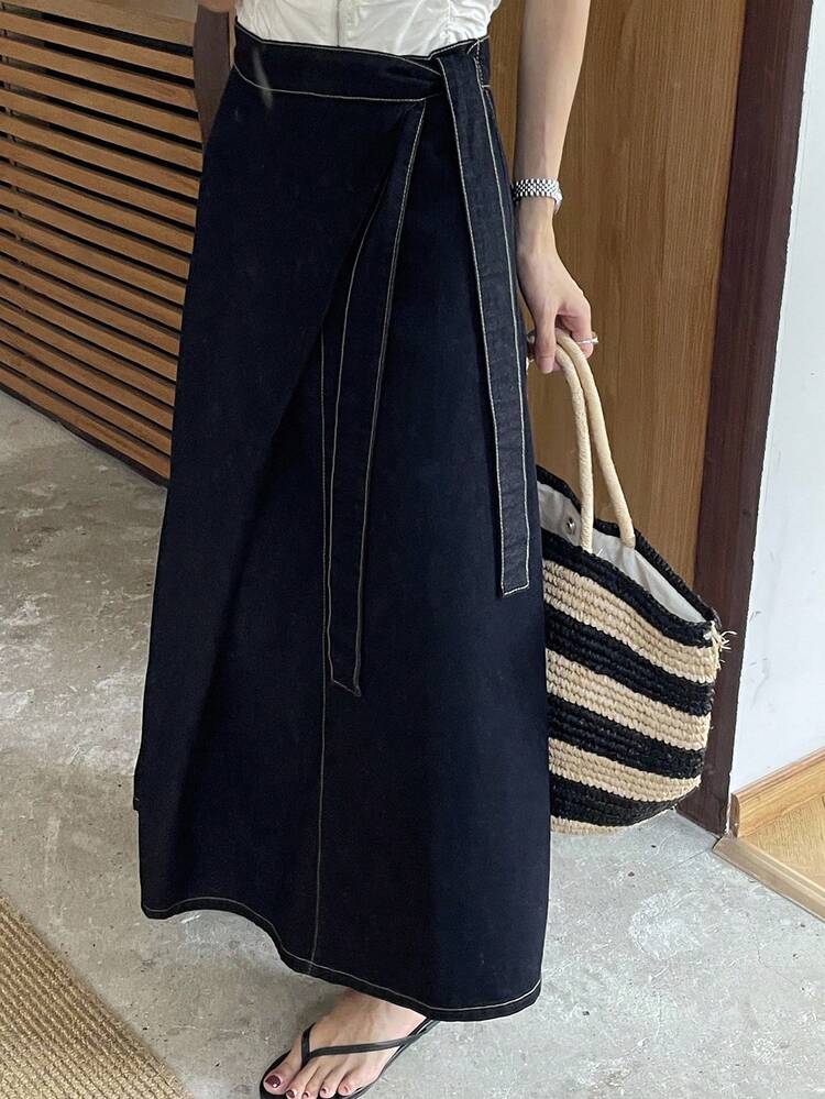 Women's Tie Waist Design Casual Long Denim Skirt Jeans Skirt