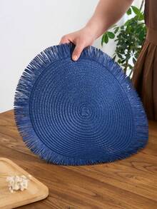 SHEIN 1/4/6/12片装北欧现代简约风格圆形纸质餐垫，带编织流苏 - 家居厨房装饰餐桌垫，防滑水杯、碗和盘子垫。适用于节日聚会、生日派对、婚宴和家居装饰 （请注意，餐垫材质为纸质，不可水洗） - 藍色 - 查看 4