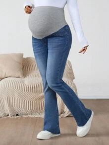 SHEIN 孕妇装 秋季 秋冬 万圣节 圣诞节 国庆节 2000年代 街头风 生日 夜店 外出 俱乐部 裤装 机场 商务休闲 女装 乡村 复古 朴素 老钱 商务休闲 女装 工作 女教师 教堂 女装 保暖内衬牛仔裤 休闲水洗喇叭蓝色牛仔裤 时尚孕妇喇叭牛仔裤 女款罗纹高腰拼接弹力牛仔喇叭裤 适合准妈妈 - 藍色 - 查看 7