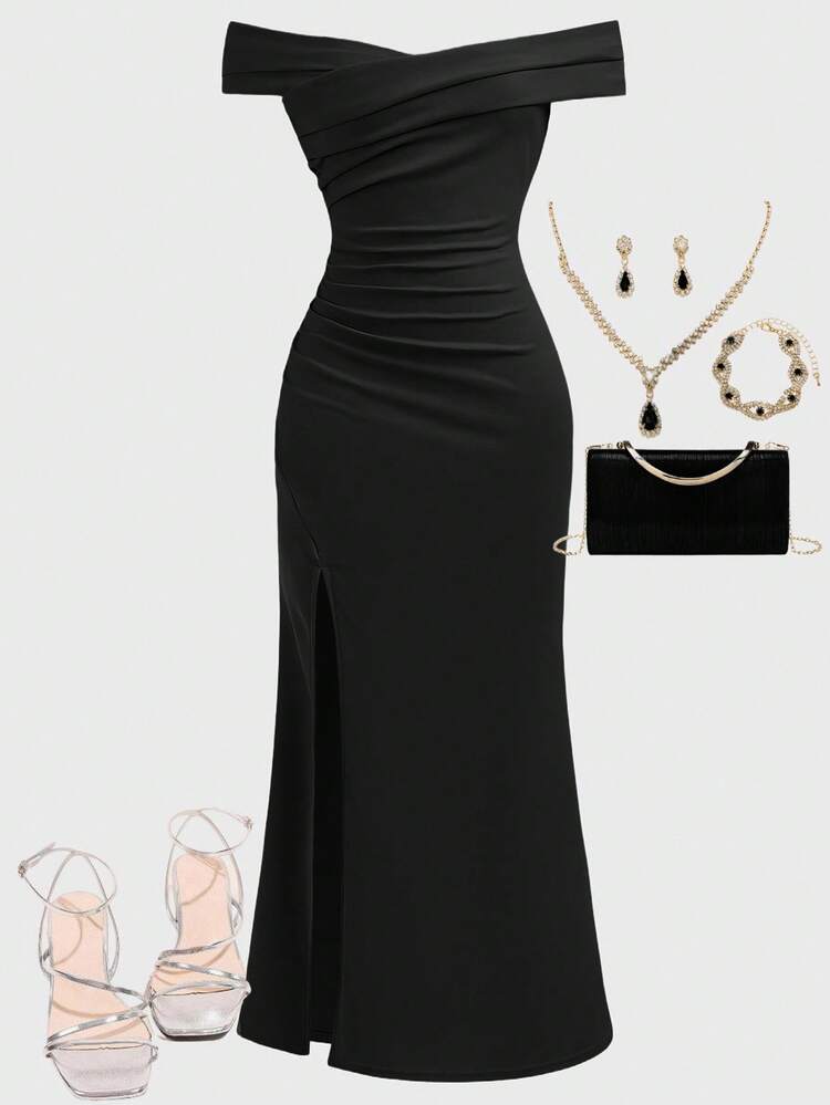 SHEIN Girlism Teen Girl Elegant Solid Color Off-Shoulder Ruffle Fitted High Slit Fishtail Hem Dress, Summer Elegant Dress Evening Wear Long Black Dress Classy Dress Black Dress Elegant Black Dresses Classy Elegant Fall Winter - Black - View 1