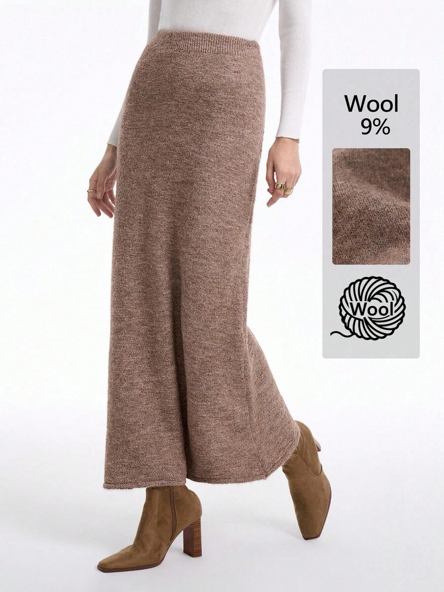 SHEIN X Jwoww Aalyst 女士新款纯色优雅高端小众日常百搭宽松针织毛衣+长裙套装,秋冬 - 咖啡棕 - 查看 1