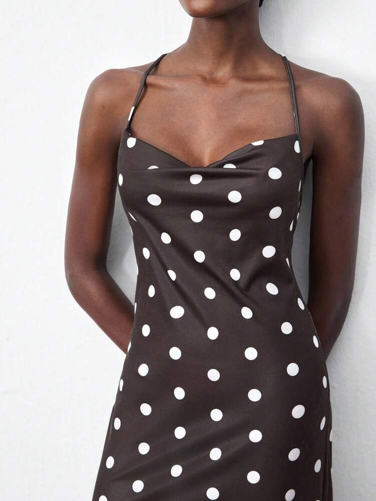 SHEIN Maija Women's Polka Dot Print Backless Dress, Summer Christmas Women's Clothing  New Year Outfit Party Dress  Beach Outfits For Women  Brown Dress Elegant Dresses For Party Brown Dress