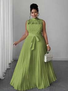 Maweii 女式加大码优雅纯色蕾丝褶腰无袖连衣裙 - 綠色 - 查看 5