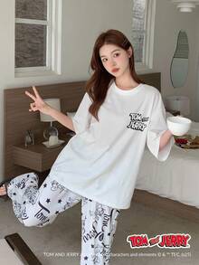 TOM AND JERRY X DAZY Bộ đồ ngủ 2 món in họa tiết hoạt hình rộng rãi và thoải mái cho nữ - trắng - Xem 8