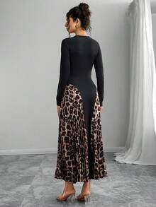 Momance Abito plissettato con stampa leopardata e patchwork, sexy e alla moda - Multicolore - Visualizzare 2