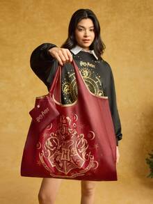 HARRY POTTER X SHEIN 1pc Badge Pattern Printed Polyester Foldable Shopping Bag, Beach Bag, Tote Bag With Detachable Pouch On Chain, Harry PotterChristmas