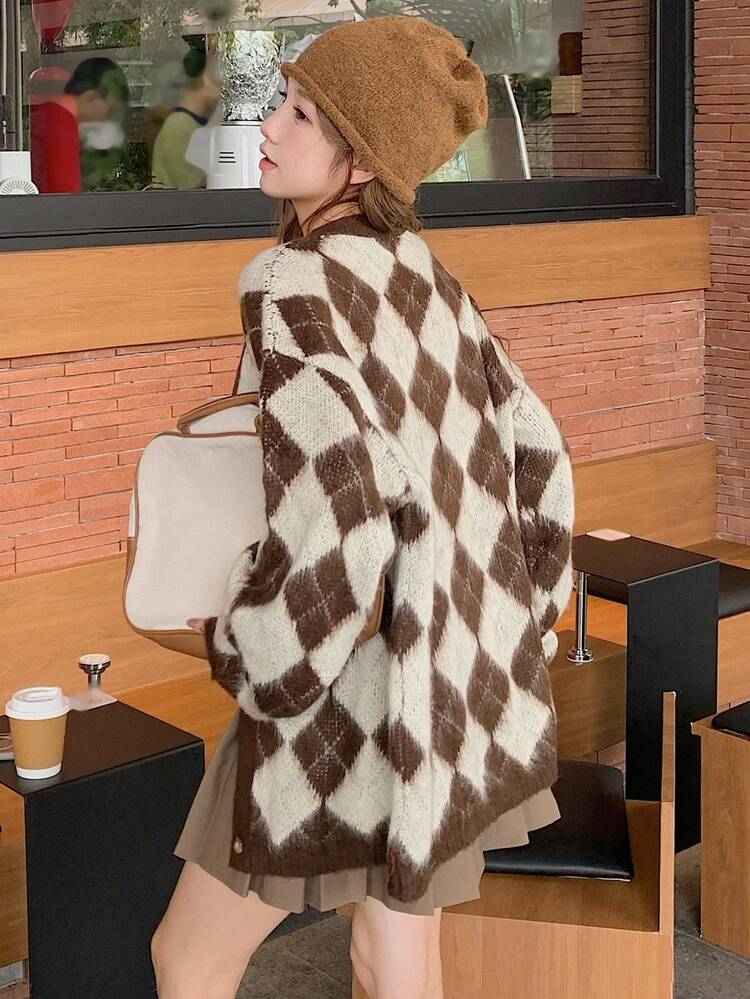 DAZY Cardigan long décontracté et ample pour femmes, motif à carreaux et à diamants, couleurs contrastées, convient pour l'automne et l'hiver - Tabac - Voir 9