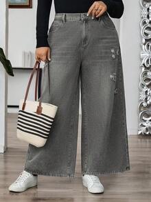 SHEIN CURVE+ 女士灰色秋冬宽松休闲牛仔裤，破洞装饰，女士所有服装，万圣节服装，女士乡村风格，别致秋季