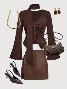 SHEIN MOD Plus Size Women's Retro Brown Chinese Style Flare Sleeve Tie Collar T-Shirt. Christmas