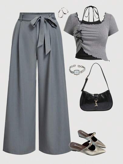 SHEIN MOD 大码高腰灰色系带阔腿裤，优雅办公室穿着阔腿裤