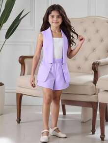 Tween Girl 純色吊帶上衣、短褲和背心外套