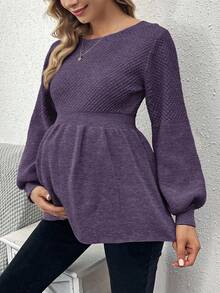 SHEIN Maternity Casual Solid Color Lantern Sleeve Sweater, Autumn/Winter - Purple - View 3