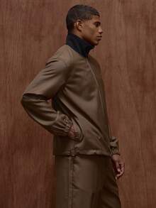 Musero Relaxed Fit Long Sleeve Premium Ribbed Stand Collar Bomber Jacket Front Welt Pocket Tracksuit Top Only Fall/Autumn Winter - Khaki - View 4