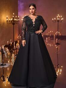 Glamrae Vestido de novia gótico negro extra largo de satén con decoración de encaje transparente, manga larga, elegante y de lujo, talla grande, silueta de línea A, adecuado para boda, festival, fiesta, baile de graduación, vestido de noche (muchas decoraciones), Día de San Valentín - Negro - Ver 1