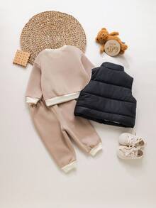 SHEIN Baby Girl Cute Thermal Lined Sweatshirt Sweatshirt And Pants Set, Autumn/Winter Fall - Black - View 2