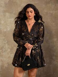 Roveilla Robe de soirée à manches longues, col en V, froncée avec décoration de boutons, grande taille, automne/hiver - Noir - Voir 7