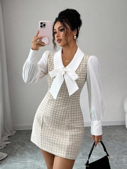 Elenzga Vestido elegante y romántico para mujer con parches de tela de colores contrastantes y decoración de lazo 2 en 1