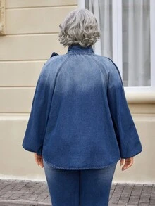 EMERY ROSE Plus Size Women's Fashion Bow Denim Blouse - Dark Wash - View 7