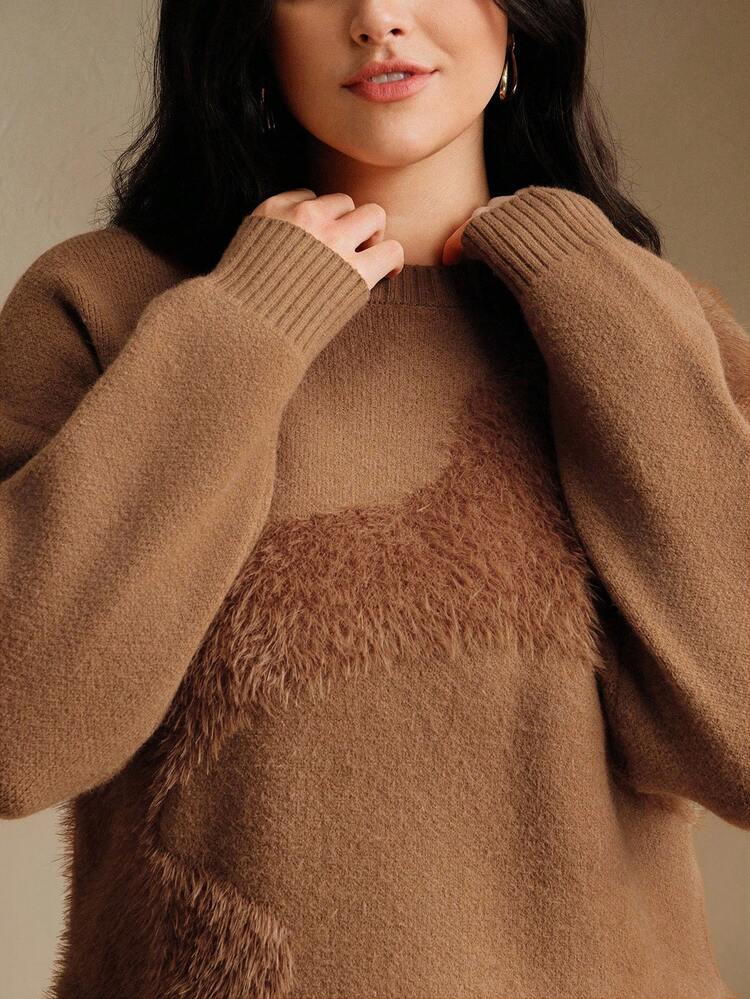 Fashionable Faux Mink Jacquard Loose Crew Neck Plus Size Slimming Drop Shoulder Plus Size Women's Brown Sweater, Women's Winter Sweater, Autumn Clothes For Women