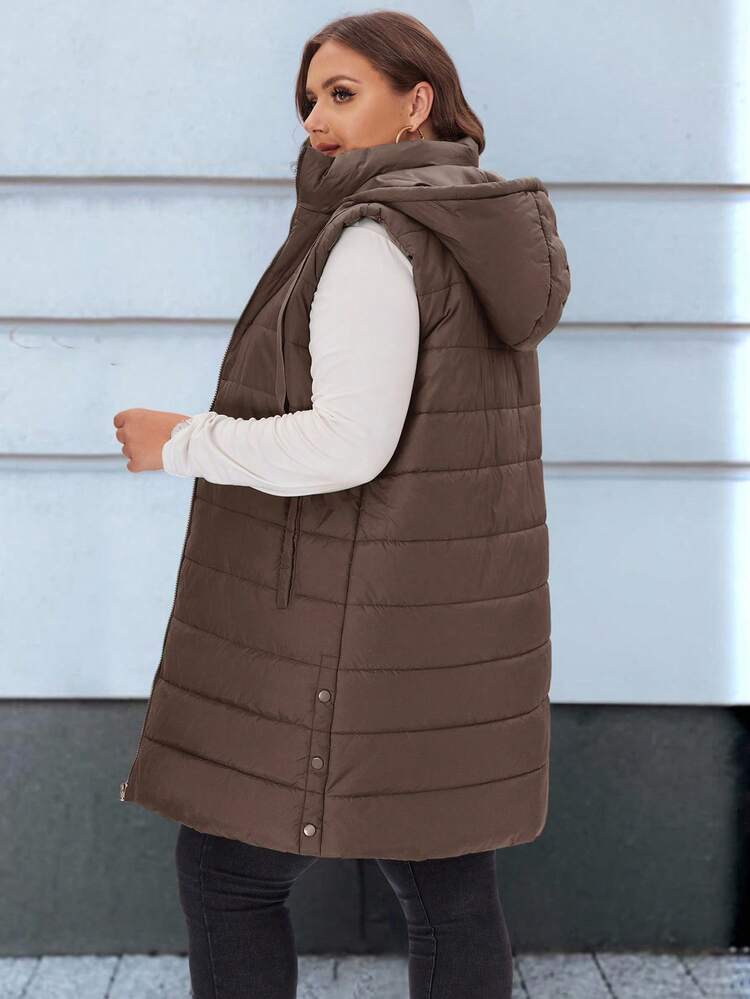 Plus Size Plain Hooded Padded Vest Jacket With Pockets/ Winter