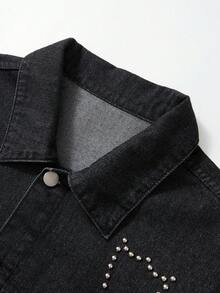 ROMWE MEN Street Life Men's Fashion Studded Denim Jacket, Fall - Black - View 8