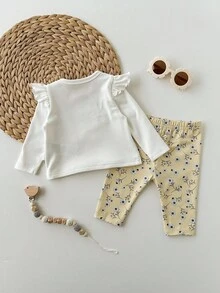 SHEIN 2pcs Newborn Baby Girl Outfit, Long Sleeve Knit White Ruffle Cute Cartoon Kitty Top And Pink Star Print Leggings Set, Suitable For Party, Home And Other Occasions Fall Winter - Yellow - View 2