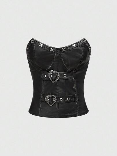 Grunge Punk Women's Y2K Punk PU Rivet Design Tight Bandeau Crop Top