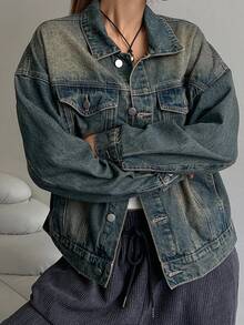 DAZY Women's Loose Distressed Washed Denim Jacket,Back To School Clothes