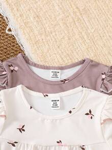 SHEIN 2 件婴儿/幼儿女孩花卉长袖上衣和裤子套装，带荷叶边领，秋冬