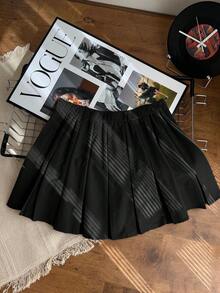 SHEIN EZwear Casual Versatile Solid Color Pleated Plus Size Women Skirt, Collegiate Style - Black - View 5