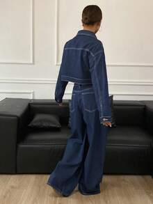 DAZY 女士休闲短款牛仔夹克和阔腿牛仔裤套装，适合秋季 - 藍色 - 查看 7