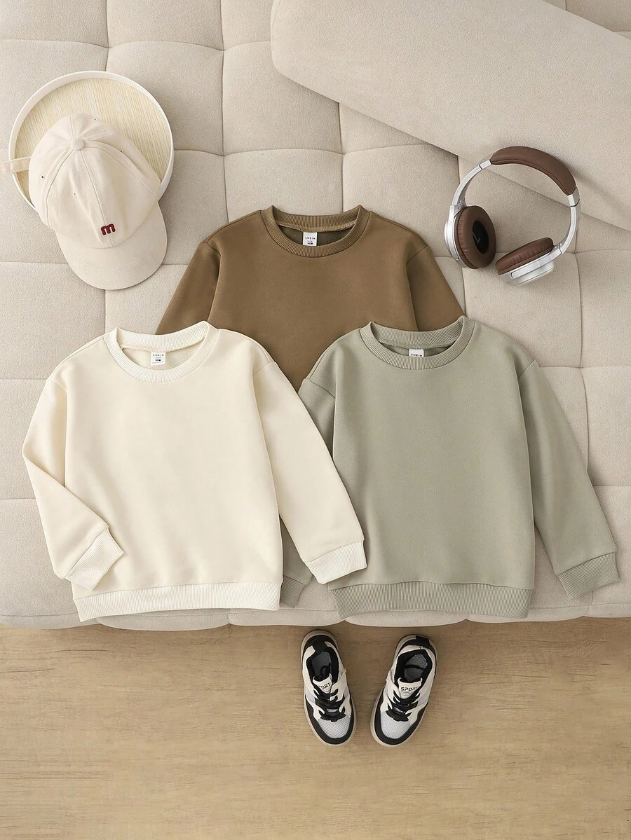 SHEIN Playful Pals 3件套男女通用百搭休闲长袖圆领套头卫衣，婴儿卫衣，宽松百搭，男女宝宝秋冬卫衣，男宝宝套头衫，男宝宝套头衫，中性色婴儿服装，男女宝宝纯色卫衣，婴儿圆领卫衣，婴儿秋季卫衣 - 白色 - 查看 1