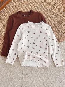 LMoss Kids Conjunto de 2 piezas para bebé niña con top de punto con cuello de volantes y estampado floral, top acanalado, top floral de manga larga, camisa marrón, top acanalado con borde de lechuga, camisa de manga larga, camisa acanalada, ropa de otoño - Multicolor - View 3