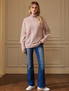 Écloséra 复古纯色高领钩针休闲长袖套头毛衣 - 藕粉色 - 查看 1