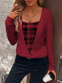 LanaWest Áo nỉ nữ kiểu dáng thường ngày kẻ caro phối nhiều mảnh, thích hợp mặc mùa thu. - Màu Đỏ Sâu - Xem 6