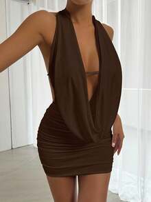 SHEIN PETITE فستان بني اللون مثير بتصميم ظهر مفتوح، ملابس عيد ميلاد للنساء، ملابس للخروج، ملابس ليلة المواعدة، ملابس نوادي النساء، ملابس الحفلات الموسيقية، ملابس الخريف، ملابس المهرجانات والحفلات، ملابس ضرورية للحفلات، فستان هالوين - قهوة بني - مشاهدة 5