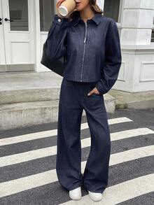 DAZY Bộ áo crop top cổ bẻ và quần jeans ống rộng thoải mái cho nữ - Màu xanh lam - Xem 4