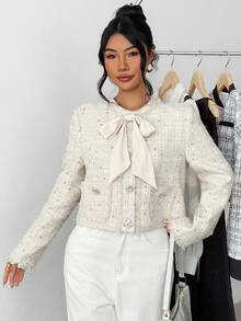 SHEIN Christmas White Teen Girl Casual Minimalist Comfortable Textured Woven Jacket Autumn Winter Clothes For Girl