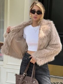 Livesso 女士休闲仿毛领短外套，秋季女式外套 - 卡其色 - 查看 4