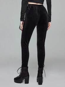 ROMWE Goth 哥特式宫殿风格万圣节月亮十字架刺绣装饰天鹅绒裤 - 黑色 - 查看 3