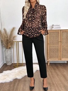 SHEIN LUNE Women's Leopard Print Long Sleeve Shirt And Black Pants 2 Pieces Set,Elegant Chic Autumn Winter Office Outfits For Women - Multicolor - View 6