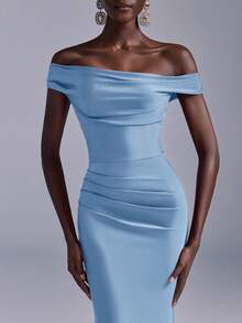 Elitara Elegant Ruched Off-Shoulder Mermaid Dress, Suitable For Weddings, Parties, Vacations, Prom, Bridesmaid (Adult) - Dusty Blue - View 2
