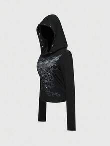 ROMWE Grunge Punk Sudadera con capucha de manga larga con gráfico de alas, vid y corazón de estilo vintage Y2K PUNK con strass - Negro - Ver 4