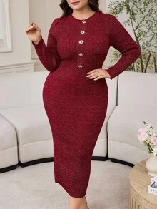 Modelyn Vestido de punto elegante y entallado de talla grande para ir al trabajo, ropa de otoño e invierno para mujeres - Burdeos - Ver 3