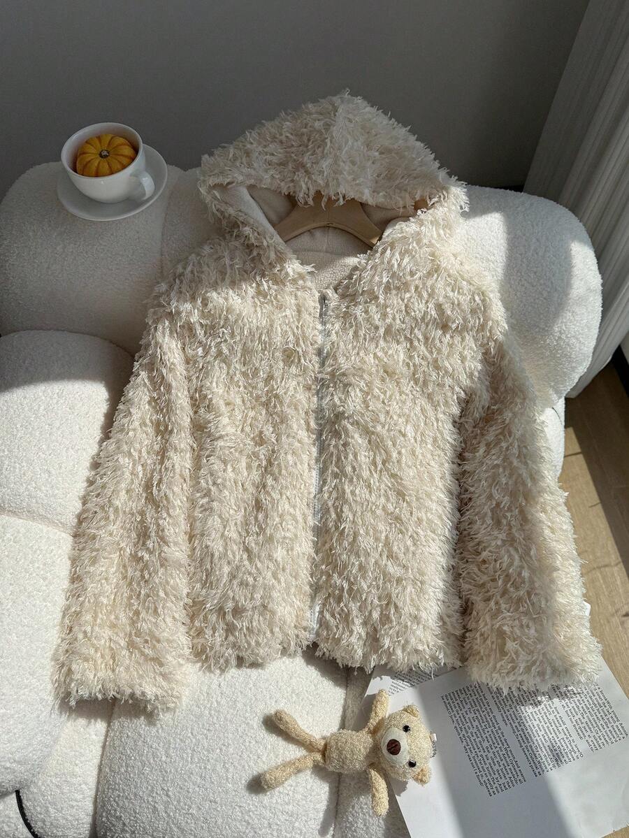 SHEIN Tween Girl Casual Zip-Up Fleece Hooded Jacket, Autumn/Winter Fall - Multicolor - View 1