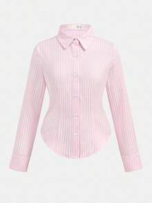 Teen Girls Blouses - Pink, Fitted, Curved Hem, Textured Shirt, Striped Shirt, Collegiate Shirt, Pink Shirt, Versatile All-Match Shirt, Teenage Girl Shirt Fall Winter