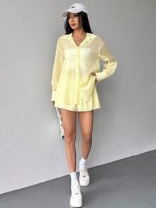 Flirla 女士新款休闲日常装两件套，百搭长袖纽扣衬衫和松紧腰宽松短裤 - 黃色 - 查看 4