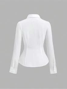 Sweetra 女式翻领提花格子荷叶边长袖衬衫，休闲外套 - 白色 - 查看 2