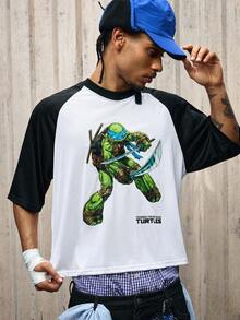 ROMWE MEN TEENAGE MUTANT NINJA TURTLES | ROMWE 男士休闲时尚街头卡通乌龟与字母图案撞色插肩袖宽松T恤，夏季 - 黑與白 - 查看 7